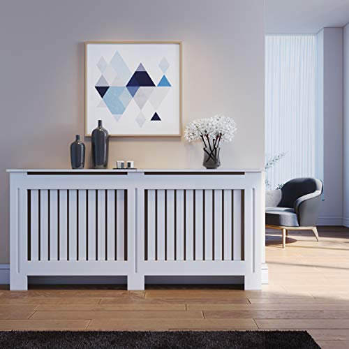 SONNI Cubierta de Radiador Blanco Moderno,Madera,Listón Vertical,Cubre de Calefacción Extra Grande 172x19x81.5cm