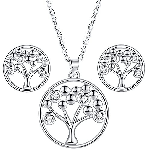 Lydreewam Tree of Life Jewellery Sets for Women 925 Sterling Silver 3A Cubic Zirconia Necklace Earrings Set with Gift Box for Christmas Mother's Day Birthday, Necklace Adjustable 40+5cm