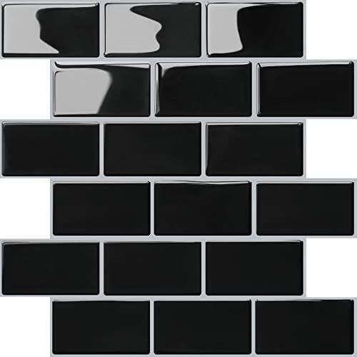 HyFanStr 10 Sheets Peel and Stick Wall Tiles Backsplash for Kitchen and Bathroom, Watrproof Metro Vinyl 3D Stick on Tiles, Self Adhesive Tile Stickers Black