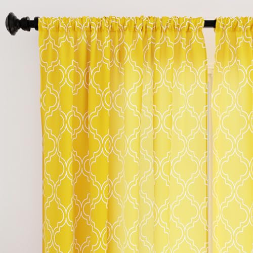 Encasa XO Polyester halbtransparent Gedruckt 140 cm W x 183 cm L Vorhänge mit Krawattenrücken 140x183 cm (6 ft), Trellis Yellow - 2 Packung - Nicht schrumpfen & maschinenwaschbar