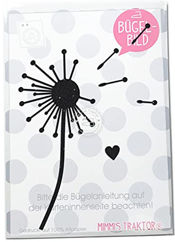 GLITZER Bügelbild Pusteblume m Herz 15 cm Aufbügler Applikationen Bügelsticker für Stoffe Textilien Kinder zum Aufbügeln Flicken, Farbe:Glitzer schwarz