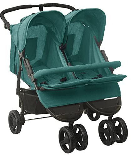vidaXL Geschwisterwagen mit Frontstoßstange Korb Zusammenklappbar Verstellbar Kinderwagen Zwillingswagen Zwillingsbuggy Buggy Grün Stahl