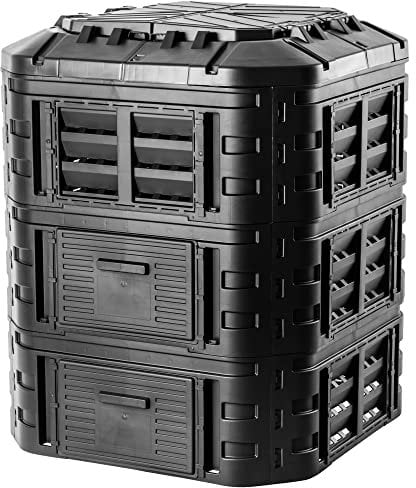 KADAX Compostador de plástico rápido, compostador con botones a presión, compostador térmico negro con tapa plegable (860L)