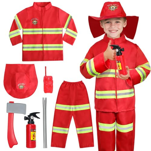 LOYO Kids Role Play Halloween Costumes, Red Fireman Costume with Firefighter Outfit Toys Accessories for 3 to 6 Year Old Children