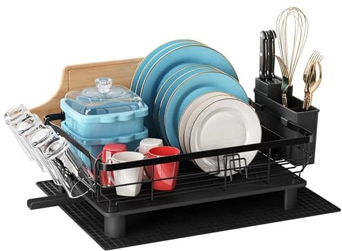 Qienrrae Dish Drainer Rack with Drip Tray, Stainless Steel Dish Rack, Sink Dish Drying Rack with Utensil Holder, 360° Swivel Spout and Extra Dryer Mat, Black