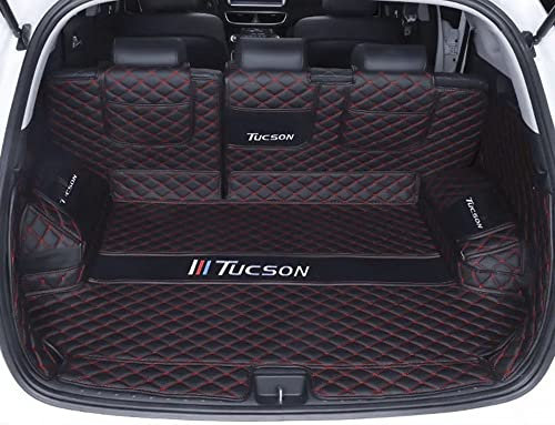 Dciustfhe Auto Kofferraummatte, für Hyundai Tucson 2015-2022 Leder Kofferraum Schutzmatte Antirutschmatte pflegeleicht Kratzfest abtrennbar zubehör,Full-wrap-Black-redstyle