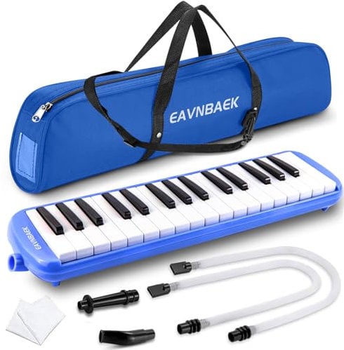 Eavnbaek 32 Tasten Melodica Instrument, Sopran Melodica Air Piano Keyboard Pianica mit 2 weichen langen Röhren, 2 kurzen Mundstücken und Tragetasche (Blau)