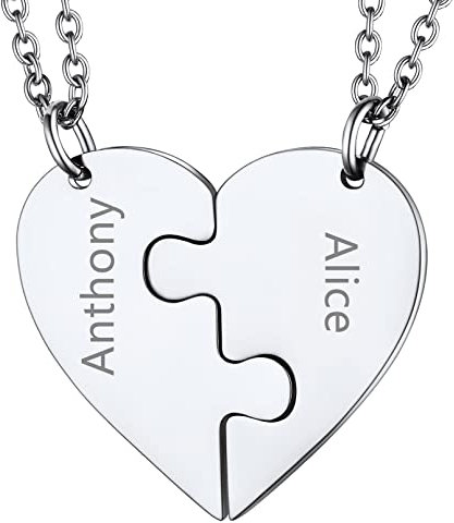 Personalised Couples Necklace Puzzles Jigsaw Jewellery, 2PCS Matching Heart Neck Chain Stainless Steel, Engraved BFF Sisters Necklaces for Women Ladies