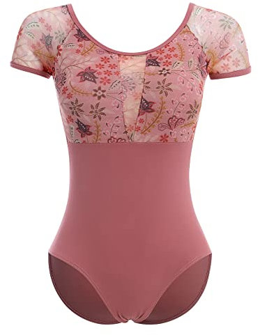 IMEKIS Damen Blume Ballettanzug Kurzarm Rückenfrei Tanzbody Ballett Trikot Top Gymnastikanzug Ballettkleidung Ballerina Tanzkleidung mit Abnehmbaren BH-Pad Dunkelrot XL