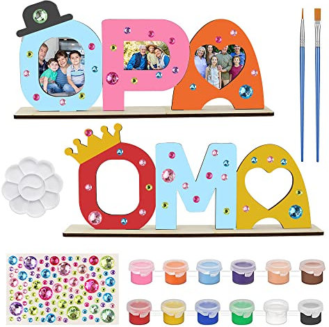UYUYong Opa OMA Geschenk Enkel Enkelin Fotorahmen Holz mit Standhilfe Holzbuchstaben Familie Bastelset Kinder Holz für Geburtstag Weihnachten Dekoration -mit Farben Pinsel Aufkleber