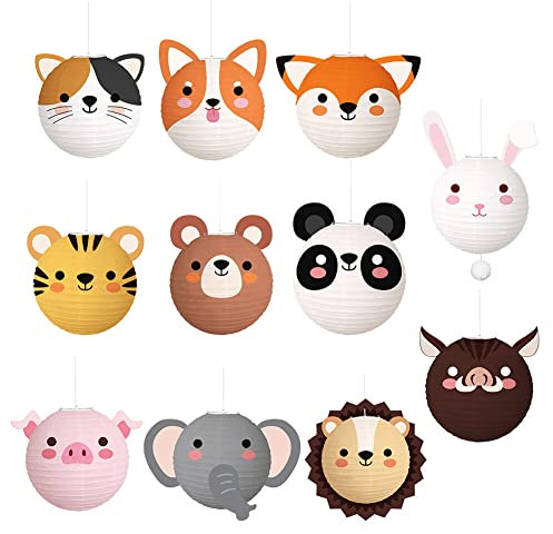 URFEDA Papierlaterne Laterne Deko, 11 Stück Cartoons Kinder Lampions,Dschungel Tiere Papierlaternen,Wilde Tiere Laterne Deko Elefant Löwe Tiger Bär Papier Laterne Für Geburtstag Party Dekorationen