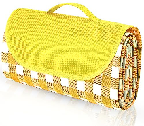 Ledeak Couverture de Pique Nique Imperméable, 150 x 200cm Tapis de Plage Anti Sable et Pliable, Natte de Plage Nappe Picnic Léger et Portable avec Poignée (Jaune)