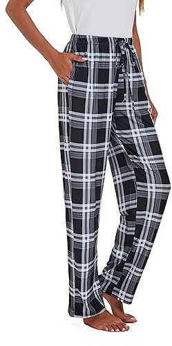 Xuepelit Pyjama Pants Long Ladies Trousers With Pockets And Drawstring Flare Pants Sleep,Black,L