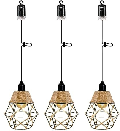 3x Rattan Hängelampe mit Batterie Hängeleuchte Fernbedienung Batteriebetriebene Pendelleuchte Boho Lampe Korb Lampenschirm Deckenlampe ohne Strom IP65 für Außen Balkon Weihnachten Party Deko Geschenk
