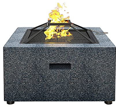 3-in-1 quadratische Feuerstelle zum Grillen, Feuerstelle mit BBQ-Grillregal, Feuerschale aus Stahl mit Einer Einfassung aus MgO-Kunststein