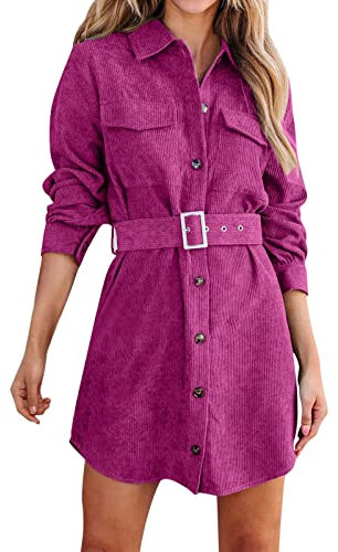 Blusenkleid Damen Corduroy Langarm Hemdkleid mit Gürtel, Minilänge Cordkleid mit Tasche und Knopfleiste Mode