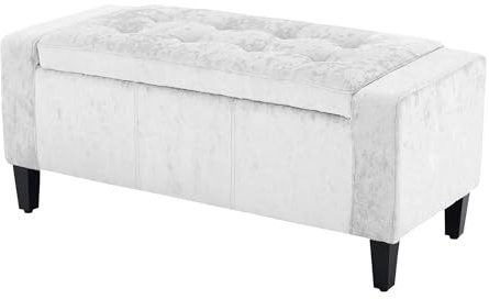 Home Republic Designer Storage Ottoman Bench 92x40cms 2 seater Crushed Velvet Fabric Chest with Lid, Seat, Stool, Window Bench, Chest, Toy Storage Box, Pouffe, Footstool (White)