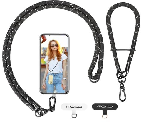 MoKo Cordón para Teléfono, Cordón Ajustable para Teléfono Móvil con Correa para Muñeca, Correa para Cuello para Móvil, Cordón para Móvilx1, Correa para Muñecax1, Parche para Cordónx2, Negro