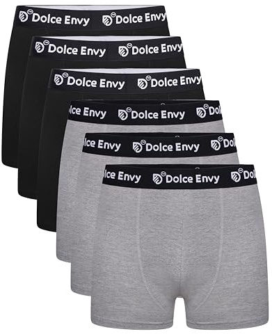 DOLCE ENVY Mens Boxers Shorts with Black Elastic Waist Band- Soft Boxer Men Stretch Fit Underwear for Everyday Wear. (UK, Alpha, S, Regular, Regular, 3 BLACK, 3 GREY)