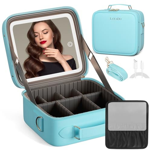 Kosmetiktasche mit Spiegel, LAYADO Make up Tasche mit Spiegel-3 Farben LED Licht, Tragbare Schminktasche mit Verstellbaren Trennwänden, Kosmetikkoffer mit Make-up-Pinsel-Aufbewahrung