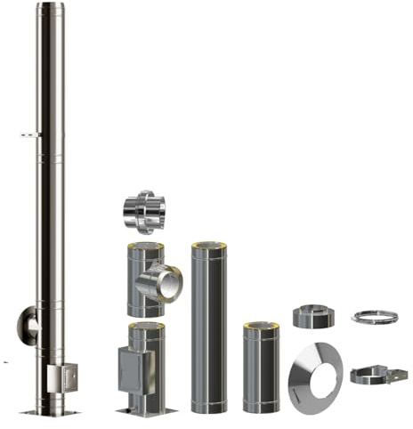 Edelstahlschornstein Bausatz doppelwandig | 0,5mm Wandung | 30mm Dämmung | DN 130mm gestreckte Länge 5,7m| Esse Schlot Kamin