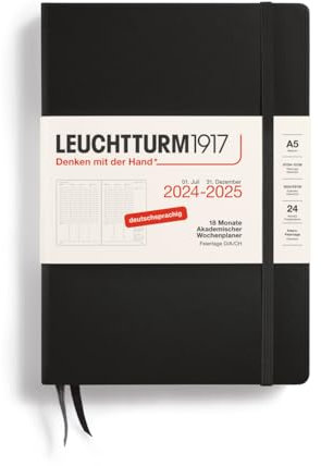 LEUCHTTURM1917 370632 Akademischer Wochenplaner Medium (A5) 2025, 18 Monate, Schwarz, Deutsch