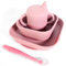 Bluet B Baby - Set Vajilla de Silicona para Bebe – Set de 4 Piezas - Plato con Ventosa – Vaso de Aprendizaje para Bebe – Bol de Silicona – Cuchara BLW – Apto para Lavavajillas y Microondas (Rosa)
