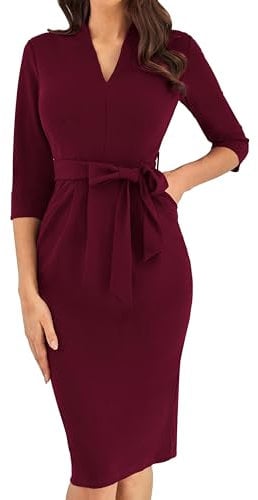 GRACE KARIN Women's Cocktail Dresses Long Sleeve Vintage Bodycon Dress with Pockets, Slim Fit Casual & Formal Work Office Dress - Dark Red, Size 18