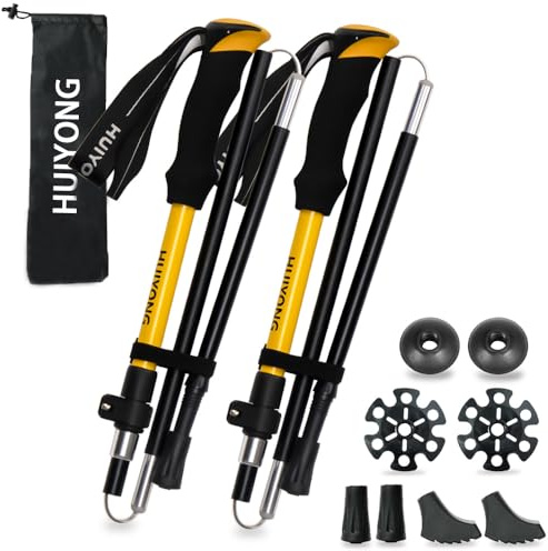 HUINING Wanderstöcke | Faltbar wanderstöcke Teleskop | Nordic Walking stöcke Damen und Herren | Trekkingstöcke | Ultraleichte Trekkingstöcke aus Aluminium mit viel Zubehör | 115-135cm | Yellow