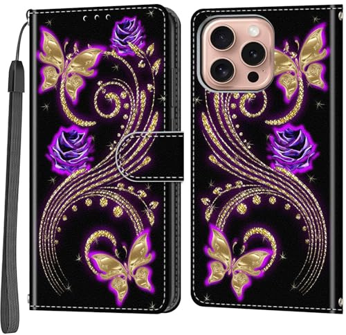 Salanheo Wallet Case for iPhone 16 Pro, Golden butterfly | Card Slots, Kickstand, Shockproof, Magnetic Closure, PU Leather, Flip Wallet Book, Lanyard Strap