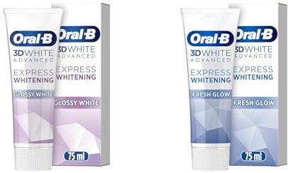 2 x 75ml Oral-B 3D White Advanced Toothpaste, Express Whitening, Glossy White, Teeth Whitening & Teeth Stain Removal, 1 x Eucalyptus Flavour + 1 x ICY Mint Flavour