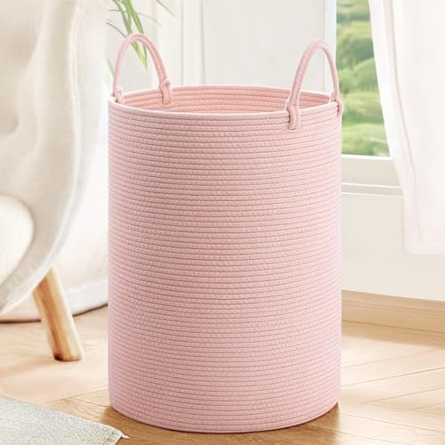 Pink Laundry Basket for Kids, Laundry Hamper for Nursery, Woven Rope Storage Baskets for Living Room Girls room, Tall Basket for Blanket Storage Toys Bin, 35 x 50 cm