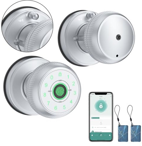 Fingerprint Door Lock-Smart Door Knob with Passcode Keypad-Finger Print Door Knob, App Control,Auto Lock,Privacy Mode - Ideal for Apartment, Bedroom, Hotel, Office, Front Door,Silver