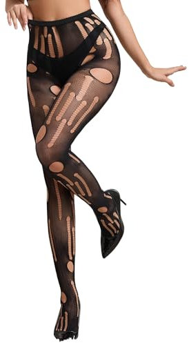 comeondear Sexy Strumpfhosen für Frauen Zerrissene Netzstrumpfhosen in Übergröße Elastische Fishnet Stockings Hohe Taille Große Größen Spitze Strapsstrumpfhosen Pantyhose Netz Leggings Schwarz,XS-M