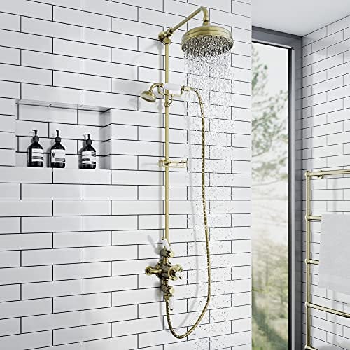 ENKI, Downton, SH0629, Shower Set 2 Shower Head Outlets & Telephone Style Cradle, Triple Thermostatic Shower Valve, Antique Brass Shower Tap Attachment for Bathrooms Showers Victorian Rigid Riser Kit