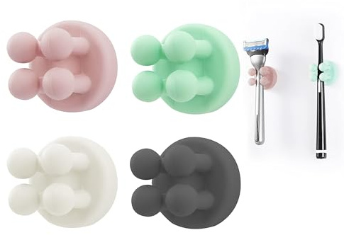 Silicone Toothbrush Holders,4 PCS Self Adhesive Silicone Waterproof Hooks Multi Function Hook Wall Mounted Single Hook Razor Holder for Wall Glass Bathroom Kitchen Living Room Office