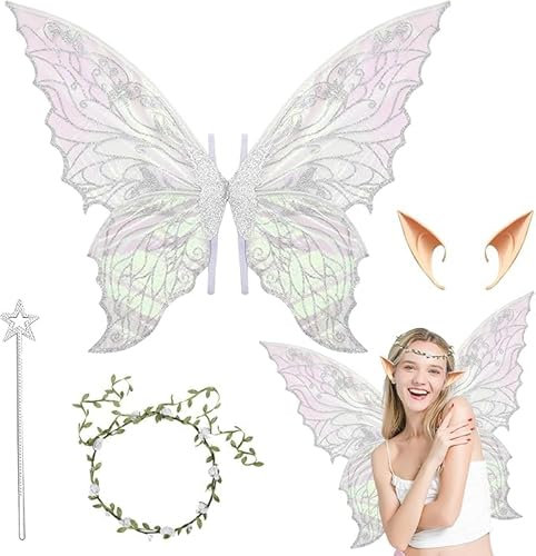 weiclianhp Alas de Hada Brillantes para Adultos y Niñas con Varita de Estrella, Disfraz de Cosplay para Fiesta de Paz y Vestir, Alas de Ángel para Mujeres y Niños
