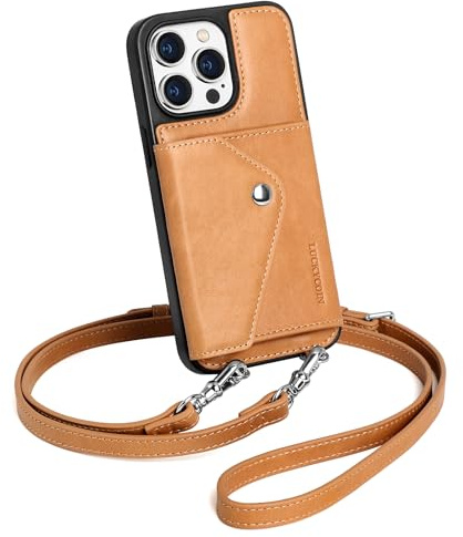 LUCKYCOIN Genuine Leather Crossbody Wallet Phone Case for iPhone 15 Pro Max, Shockproof Phone Purse with Adjustable Lanyard Strap & Card Holder, Crossbody purses for Women, Vintage Tan