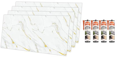 IZODEKOR Wandverkleidung Marmoroptik -4 Pcs 120x60cm- Alternative zu Badfliese/Küchenfliese, Duschwandpaneele, Wandpaneel für Küchenrückwand, Badezimmer, mit 4x Montagekleber Golden Harmony