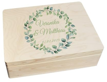 CHICCIE Erinnerungsbox personalisiert zur Hochzeit Druck farbig Eukalyptus Kranz 40x30x14cm - Hochzeitstag Holzkiste für Erinnerungen Erinnerungskiste