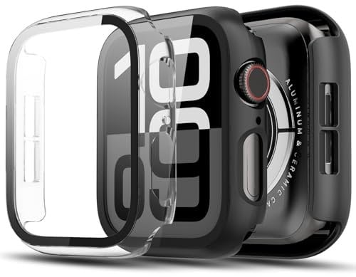 TGKML 2-Stück Kompatibel mit Apple Watch SE 3/SE 2/SE/6/5/4 Schutzhülle mit Displayschutzfolie 44mm, Hard Gehäuse Eingebaut Kratzfest Gehärtetes Glas Schutzfolie für iWatch 44 mm, Schwarz/Klar