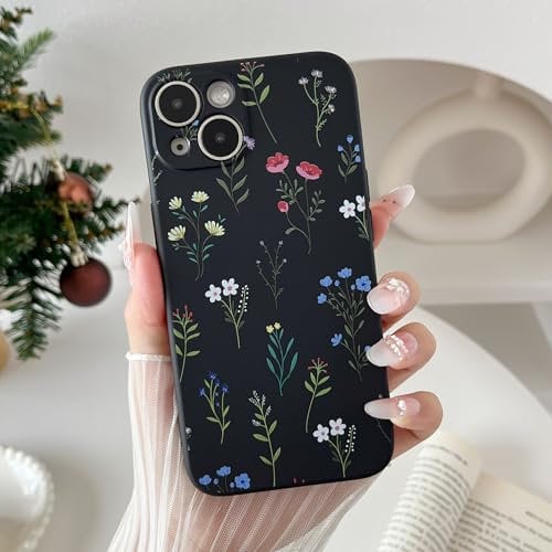 RALEAVO Flower Case for iPhone 13, Liquid Silicone Shockproof Protection Case Cover for Girls Women with Aesthetic Cute Floral Patterns Soft Slim Phone Case for iPhone 13-Black/Daisy