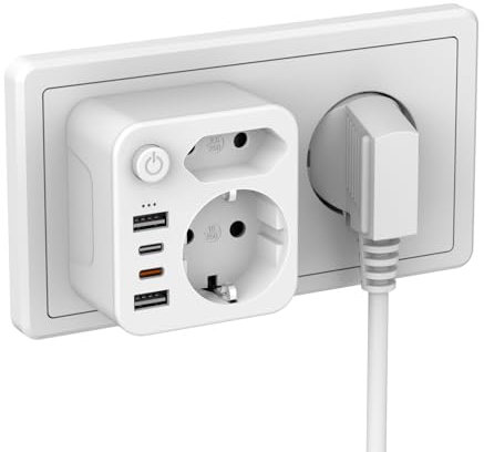 ZENIJUST PD20W - Enchufe múltiple para enchufe con USB, doble enchufe para enchufe, adaptador de enchufe con 2 USB A y 2 USB C (5 V/PD20 W), interruptor de ahorro de energía,
