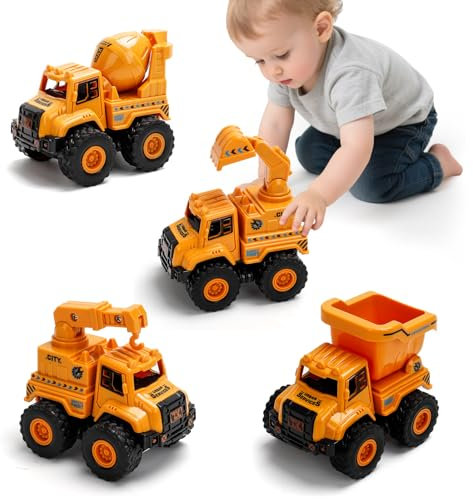 Baufahrzeug Spielzeug ab 1 2 Jahre Jungen & Mädchen – 4 STK. Push-and-Go Auto Set mit Bagger, LKW Kipper, Kran & Betonmischer – Robustes Motorikspielzeug & Geschenk für Kinder 1 2, 3, 4, 5 Jahre
