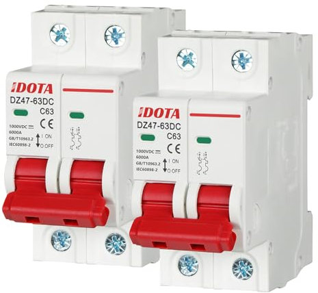 Idota Pv Sicherungsautomat 2pcs, DC 1000V 63A 2 Polig DZ47-C63 DC Trennschalter Pv Anlage, Solar Leitungsschutzschalter, Solar Trennschalter Schutzluftschalter, Schutzschalter für Photovoltaik-Systeme