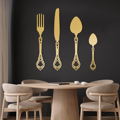 Knife Spoon Fork Metal Wall Decor, Metal Knife Spoon Fork Wall Art, Kitchen Wall Decor, Large Dining Room Wall Art, Modern Table Sculpture, Western Home Decoration (Gold, 35x19/90x48cm) (Gold