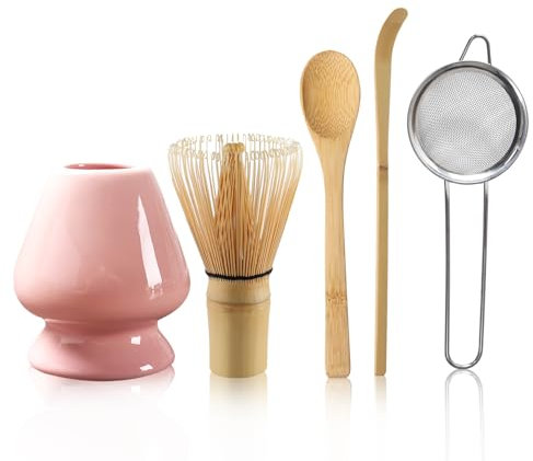 Set of 5 Matcha Whisk Set Matcha Set with Whisk and Spoon Scoop, Ceramic Whisk Holder Matcha Accessories(Pink)