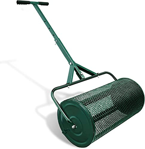 DONGGANSHI 24-Zoll-Kompoststreuer, Miststreuer für Rasen und Garten, Torfmoos-Rollenstreuer mit langem, verstellbarem Griff für Rasendünger, Metallgitterkorb, Saatgutstreuer