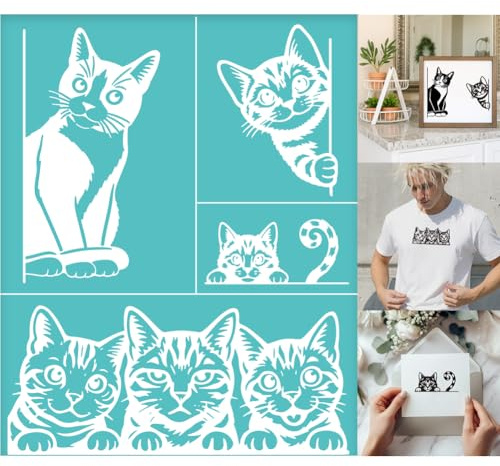 GOMAKERER 2 Blatt Siebdruckschablone Interessante Malschablonen Mit Katzenmotiv Wiederverwendbar Selbstklebend Siebdruck Für Wandbordüren Holz Stoff Heim Basteln Dekor