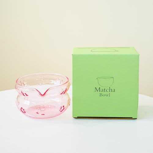 YlobdolY Bol à matcha en verre avec bec verseur, bol à matcha traditionnel fait à la main avec motif nœud papillon en verre transparent avec coffret cadeau pour fouetter le matcha rose